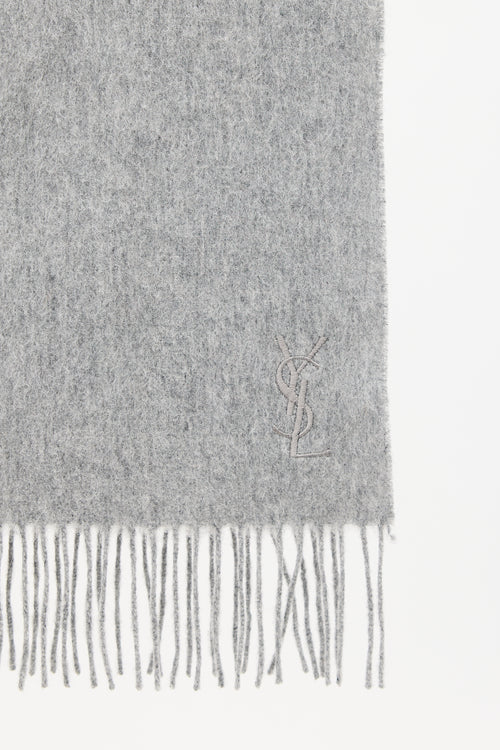 Saint Laurent Grey Wool Logo Fringe Scarf