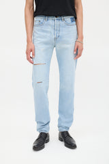 Saint Laurent Light Wash Distressed & Embroidered Slim Jeans