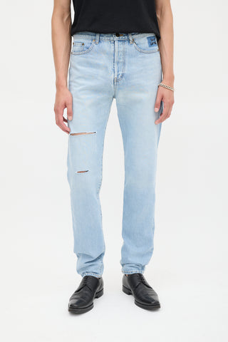 Saint Laurent Light Wash Distressed & Embroidered Slim Jeans