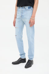 Saint Laurent Light Wash Distressed & Embroidered Slim Jeans