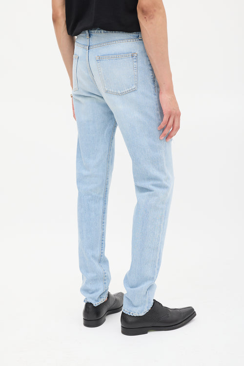 Saint Laurent Light Wash Distressed & Embroidered Slim Jeans