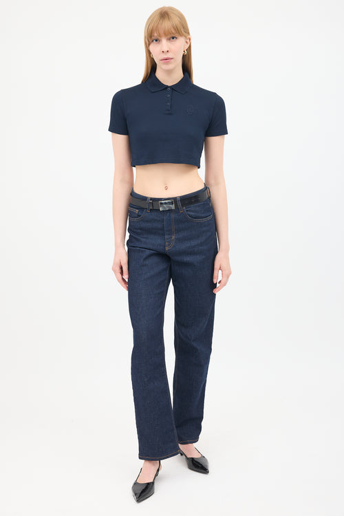 Saint Laurent Navy Logo Cropped Polo Top