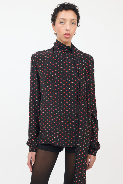 Saint Laurent Black & Red Silk Smoking Lips Heart Shirt