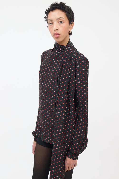 Saint Laurent Black & Red Silk Smoking Lips Heart Shirt