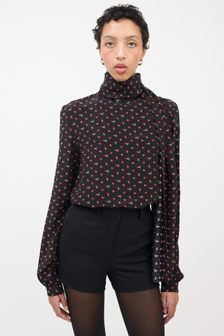 Saint Laurent Black & Red Silk Smoking Lips Heart Shirt