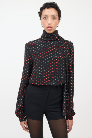 Saint Laurent Black & Red Silk Smoking Lips Heart Shirt