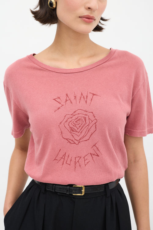 Saint Laurent Pink Rose Graphic Distressed T-Shirt