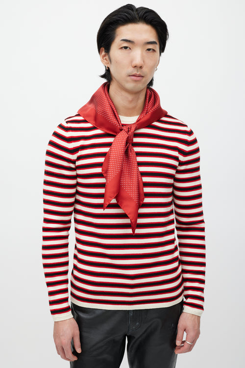 Saint Laurent Red & Black Silk Polka Dot Scarf