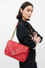 Saint Laurent Red & Gold Suede Triquilt Bag