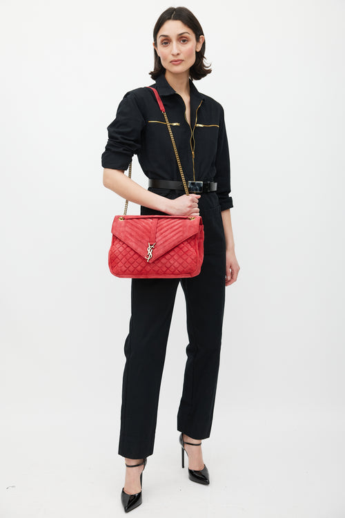 Saint Laurent Red & Gold Suede Triquilt Bag