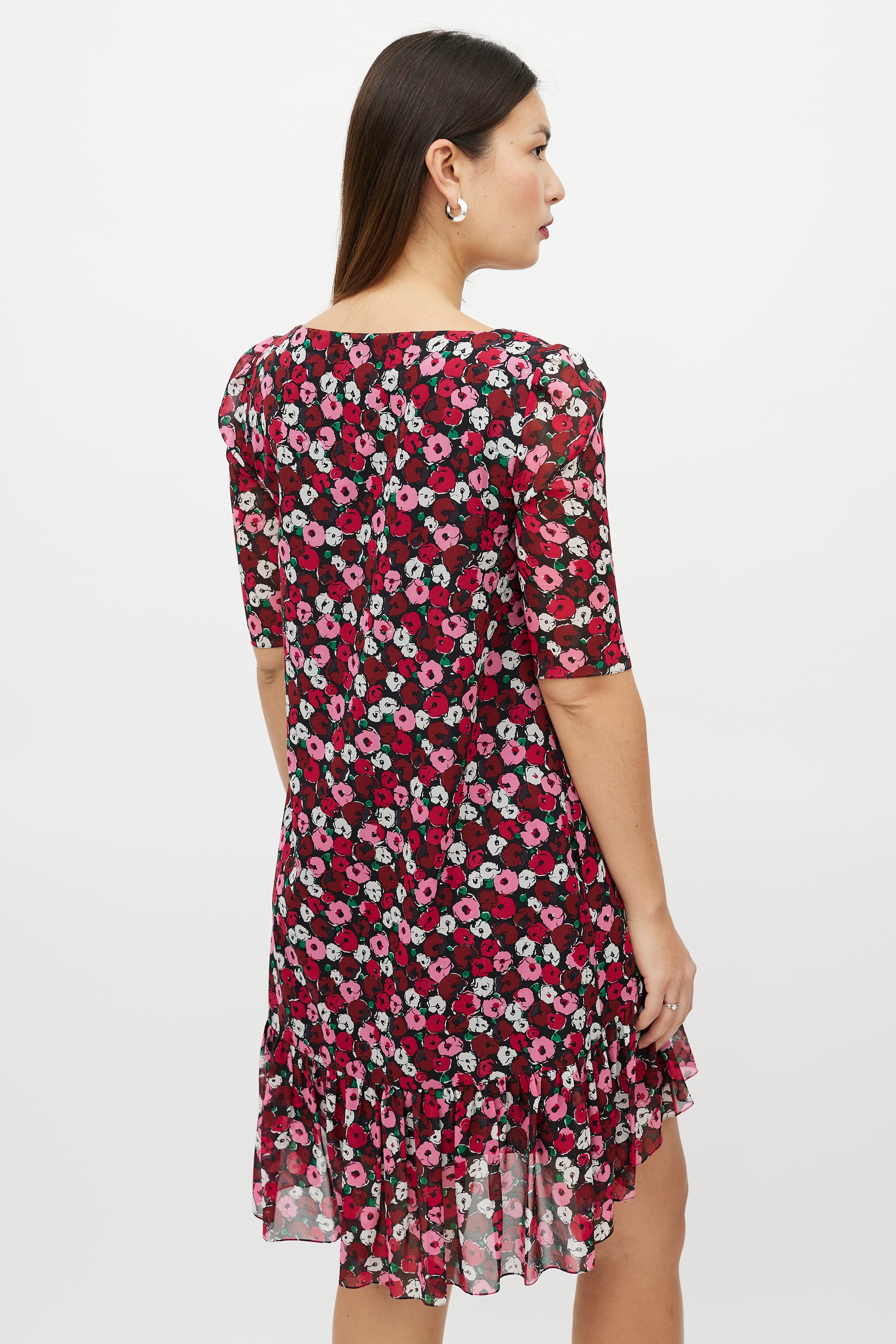 Saint Laurent // Red & Multicolour Silk Floral High Low Dress VSP Consignment Saint Laurent // Red & Multicolour Silk Floral High Low Dress VSP Consignment