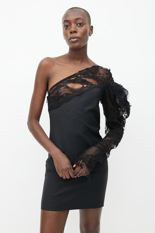 Saint Laurent Spring 2017 Black Distressed Lace One Shoulder Dress