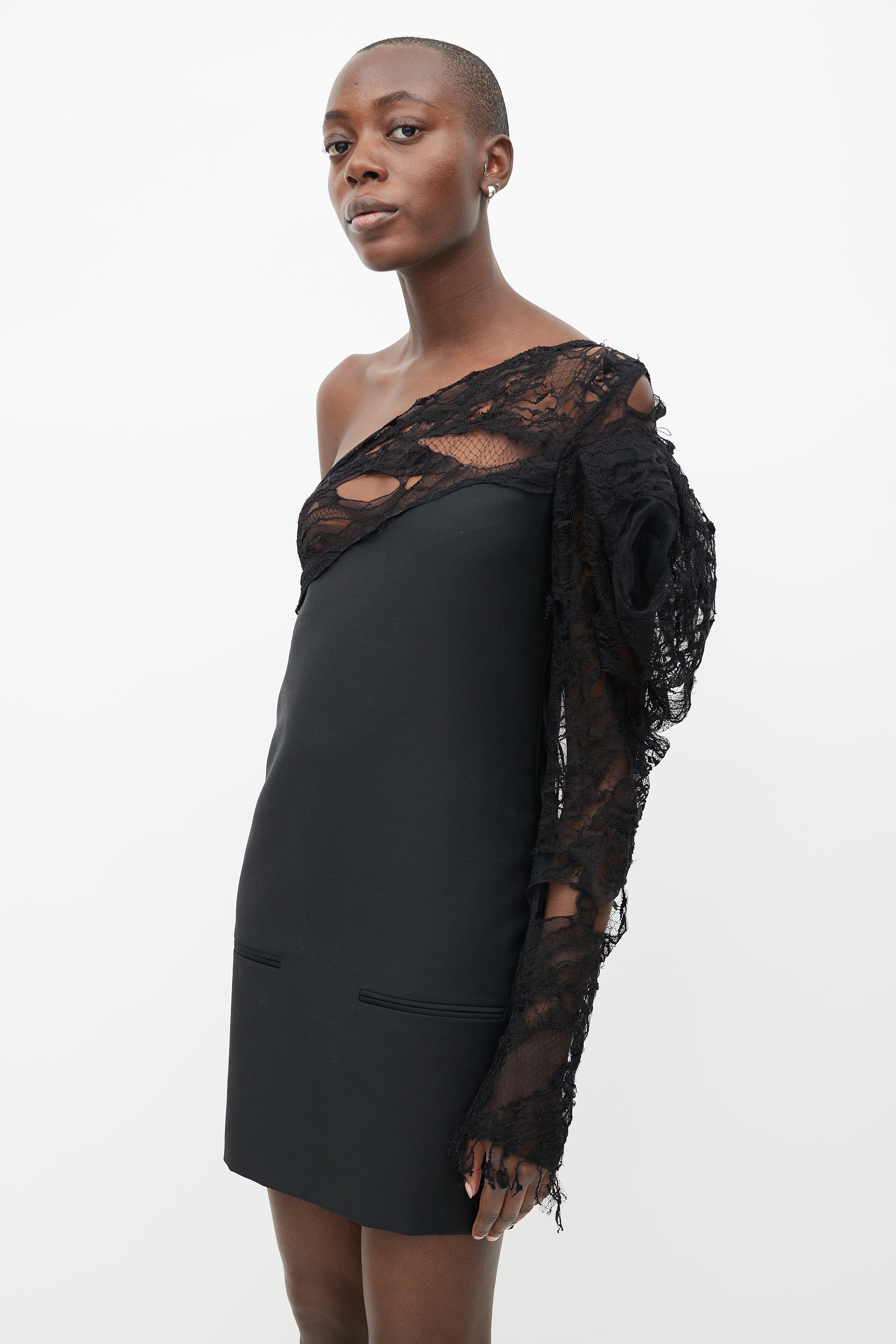 black distressed dress TIC TOC DIAHNA Distressed Knit Mini Festival Dress Black / L