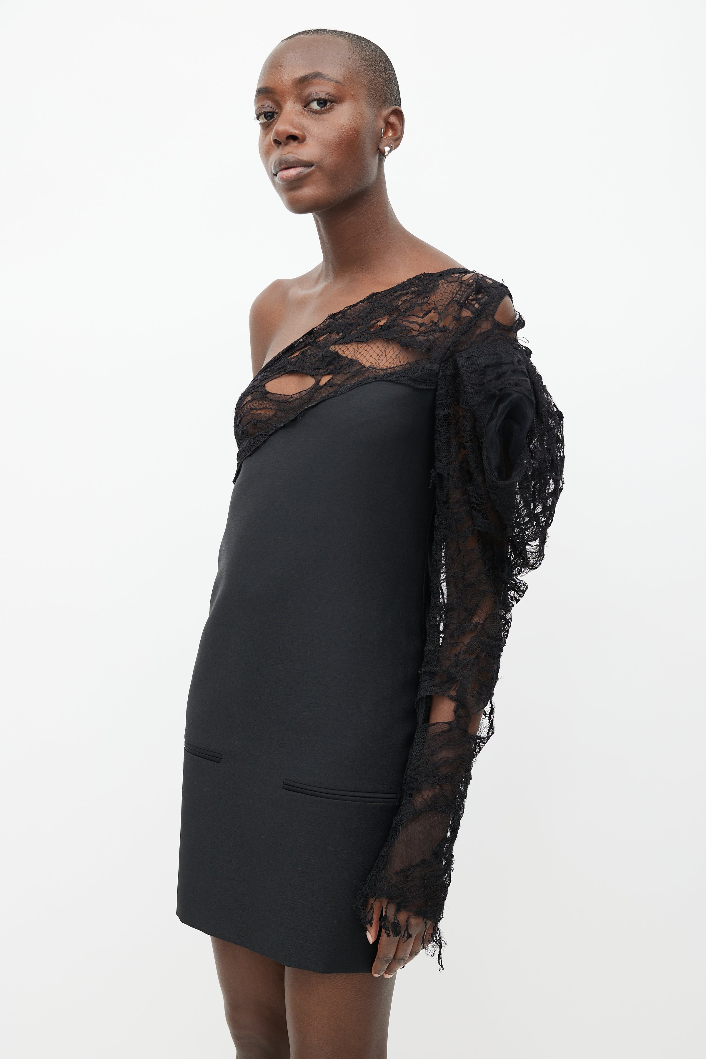 Saint Laurent // Spring 2017 Black Distressed Lace One Shoulder Dress VSP Consignment Saint Laurent // Spring 2017 Black Distressed Lace One Shoulder Dress VSP Consignment