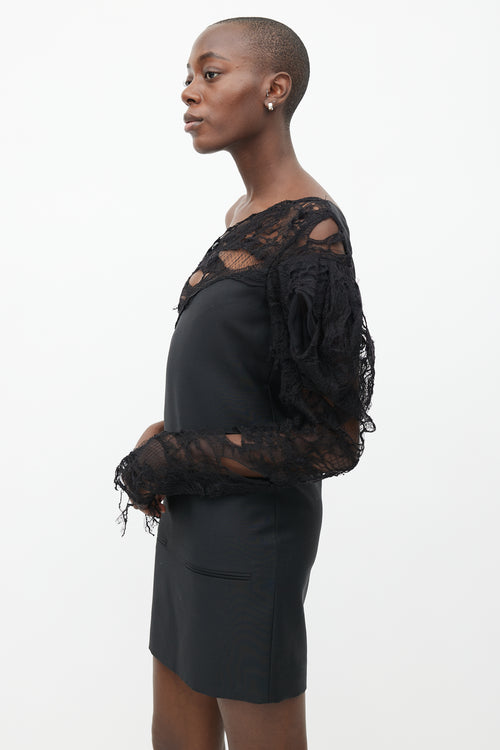 Saint Laurent Spring 2017 Black Distressed Lace One Shoulder Dress