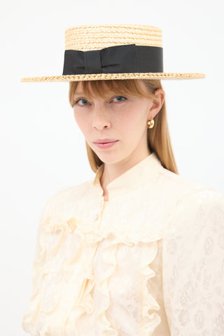 Saint Laurent Vintage Beige & Black Bow Boater Hat