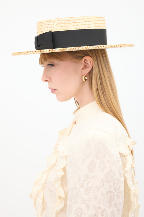 Saint Laurent Vintage Beige & Black Bow Boater Hat