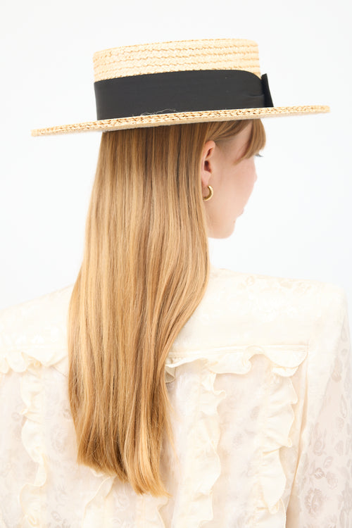 Saint Laurent Vintage Beige & Black Bow Boater Hat