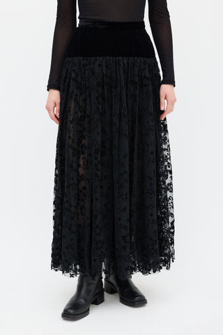 Saint Laurent Vintage Black Velvet & Mesh Floral Skirt