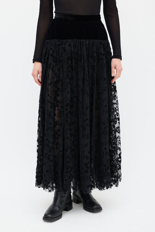 Saint Laurent Vintage Black Velvet & Mesh Floral Skirt