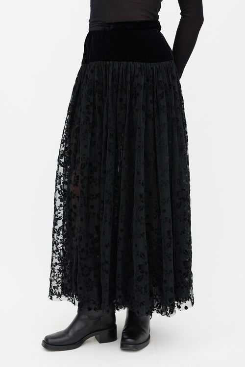 Saint Laurent Vintage Black Velvet & Mesh Floral Skirt