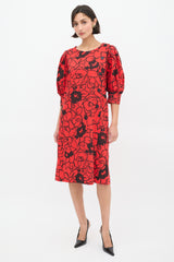 Saint Laurent Vintage Red & Black Floral Puff Sleeve Dress