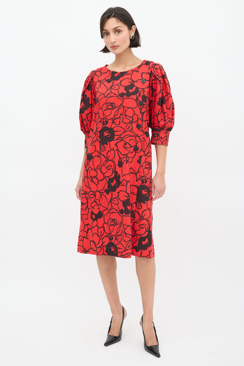 Saint Laurent Vintage Red & Black Floral Puff Sleeve Dress