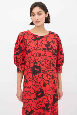 Saint Laurent Vintage Red & Black Floral Puff Sleeve Dress