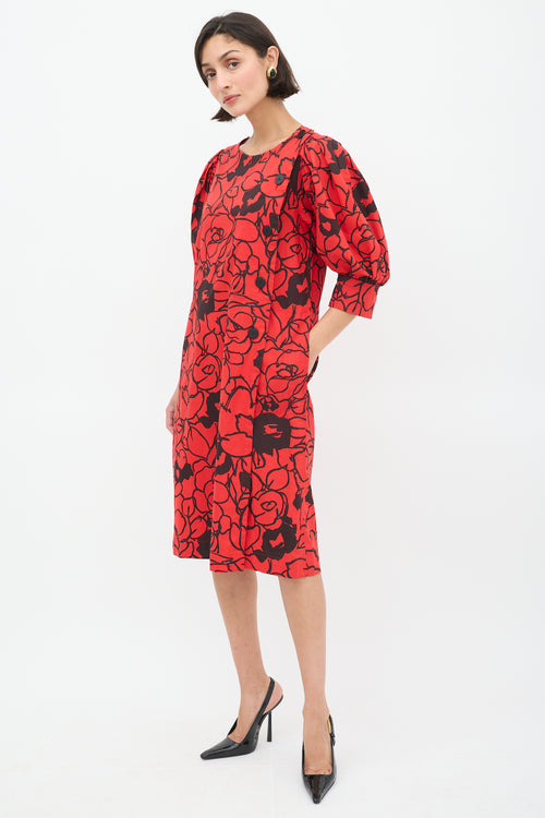 Saint Laurent Vintage Red & Black Floral Puff Sleeve Dress