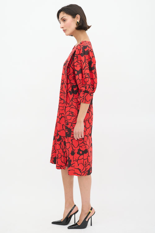 Saint Laurent Vintage Red & Black Floral Puff Sleeve Dress