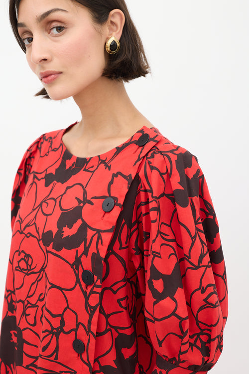 Saint Laurent Vintage Red & Black Floral Puff Sleeve Dress