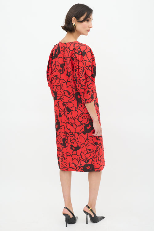 Saint Laurent Vintage Red & Black Floral Puff Sleeve Dress