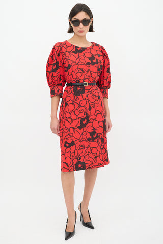 Saint Laurent Vintage Red & Black Floral Puff Sleeve Dress