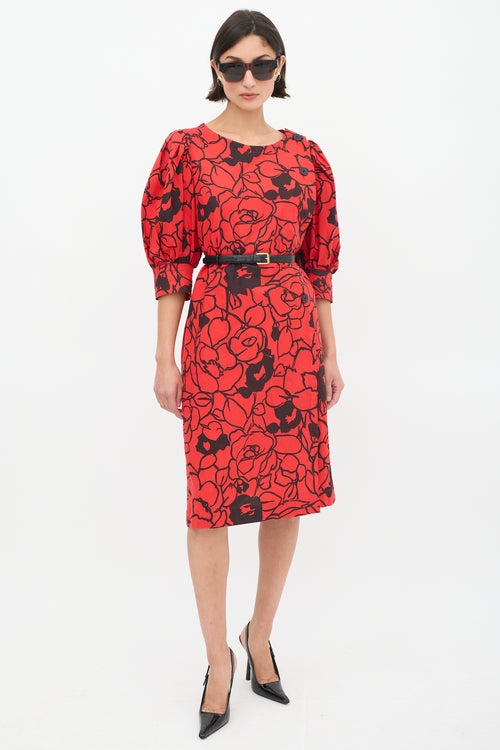 Saint Laurent Vintage Red & Black Floral Puff Sleeve Dress