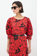 Saint Laurent Vintage Red & Black Floral Puff Sleeve Dress