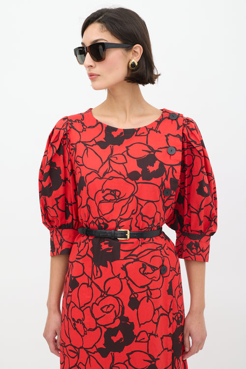 Saint Laurent Vintage Red & Black Floral Puff Sleeve Dress