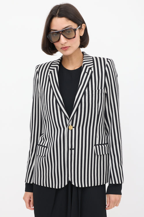 White & Black Wool & Cotton Striped Blazer