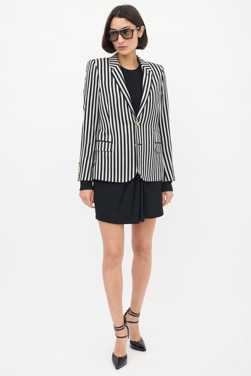 White & Black Wool & Cotton Striped Blazer