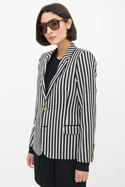 White & Black Wool & Cotton Striped Blazer