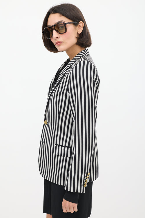 White & Black Wool & Cotton Striped Blazer