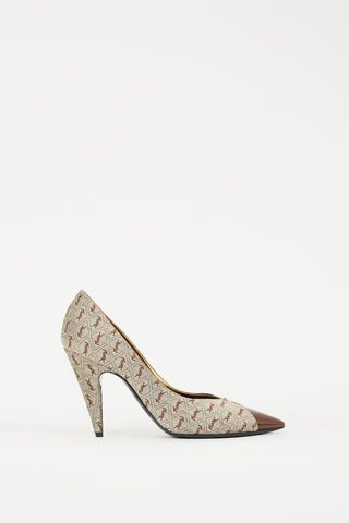 Saint Laurent Beige Canvas & Brown Leather Monogram Pump