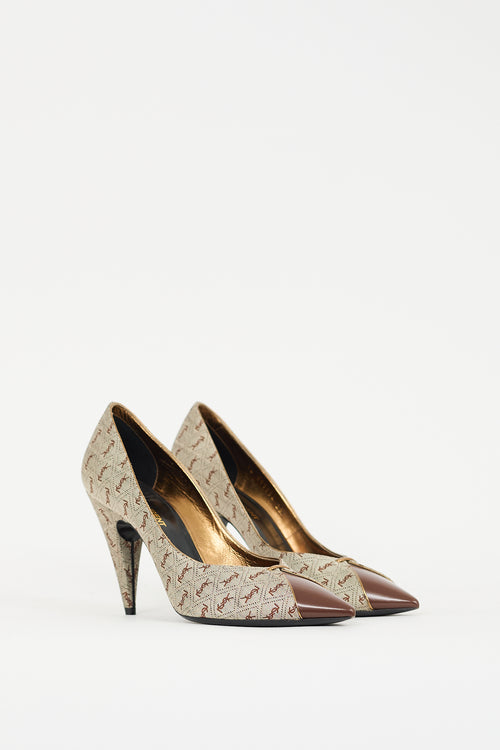 Saint Laurent Beige Canvas & Brown Leather Monogram Pump