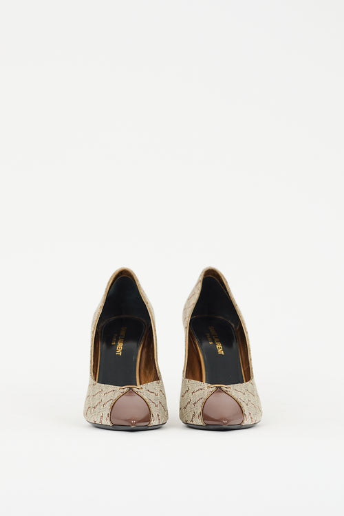 Saint Laurent Beige Canvas & Brown Leather Monogram Pump