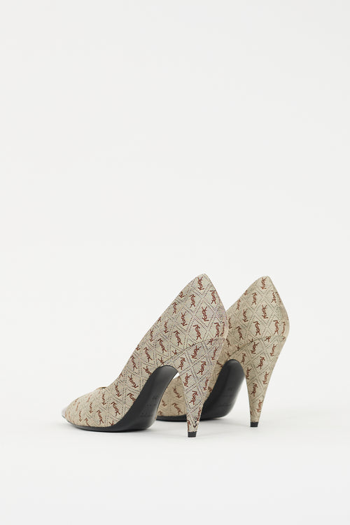 Saint Laurent Beige Canvas & Brown Leather Monogram Pump