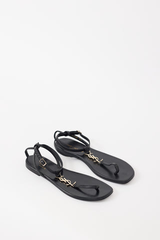 Saint Laurent Black Leather Cassandre T-Strap Sandal