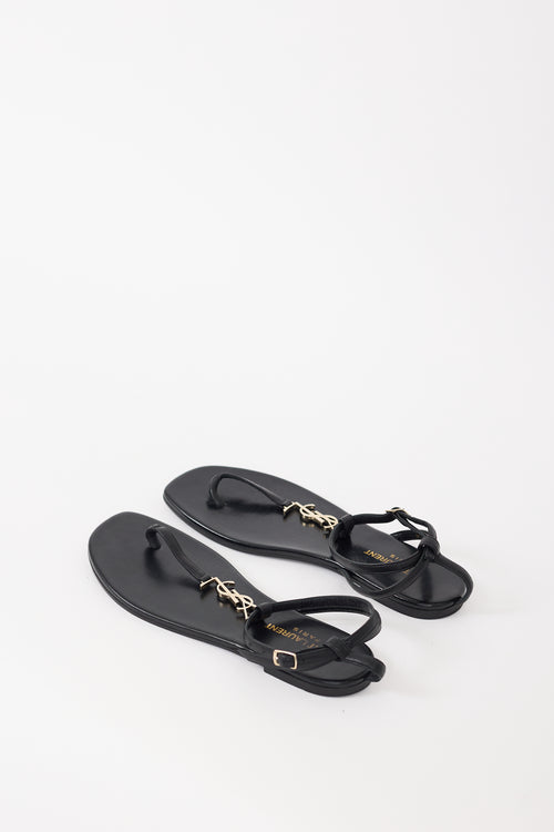 Saint Laurent Black Leather Cassandre T-Strap Sandal