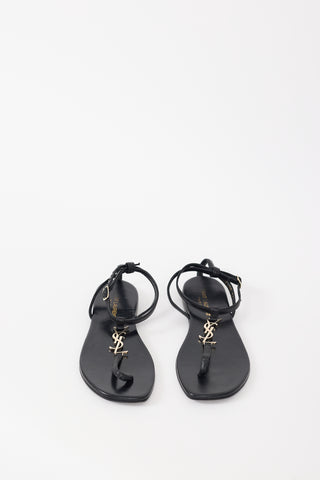 Saint Laurent Black Leather Cassandre T-Strap Sandal