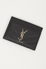 Saint Laurent Black & Silver Embossed Leather Cassandre Matelassé Cardholder