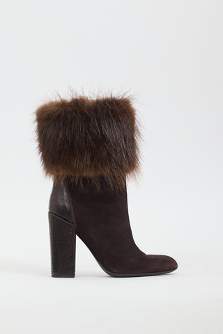 Saint Laurent Brown Suede & Fur Heeled Boot