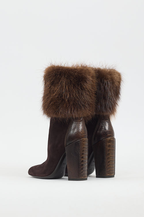 Saint Laurent Brown Suede & Fur Heeled Boot